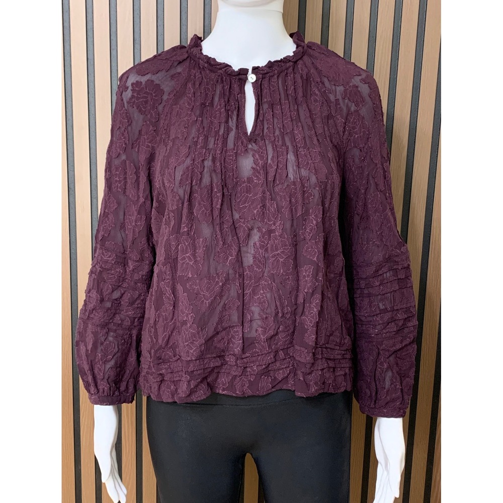 J. Jill Plum Purple Floral Burnout Sheer Blouse XS Petite Ruffle Neck Top